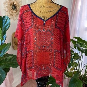 Talbots Red Blue Bandanna Print Poncho Blouse Top Sz S - M